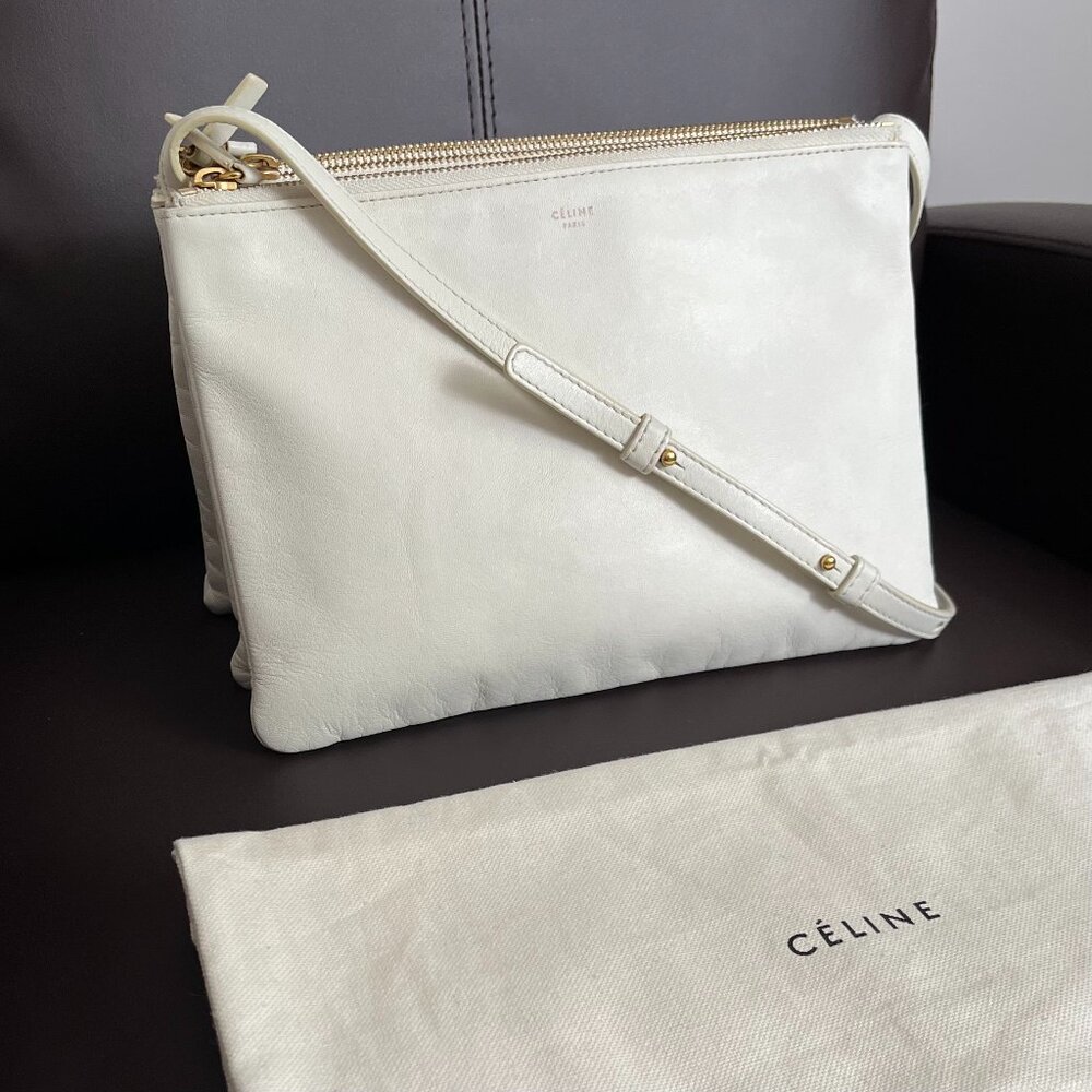Céline Large Trio Crossbody Bag in White Lambskin